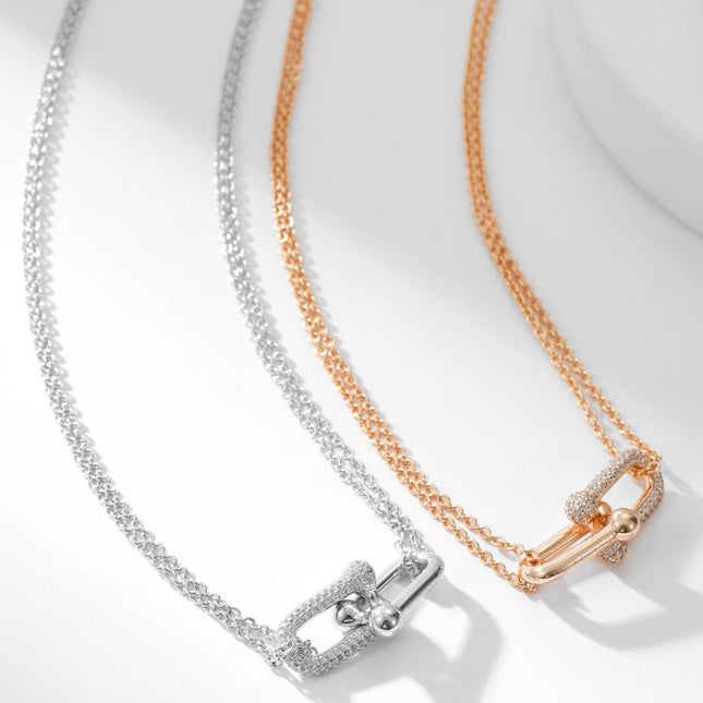 HARDWARE DIAMOND PEDANT DOUBLE CHAIN NECKLACE