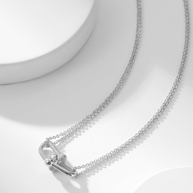 HARDWARE DIAMOND PEDANT DOUBLE CHAIN NECKLACE