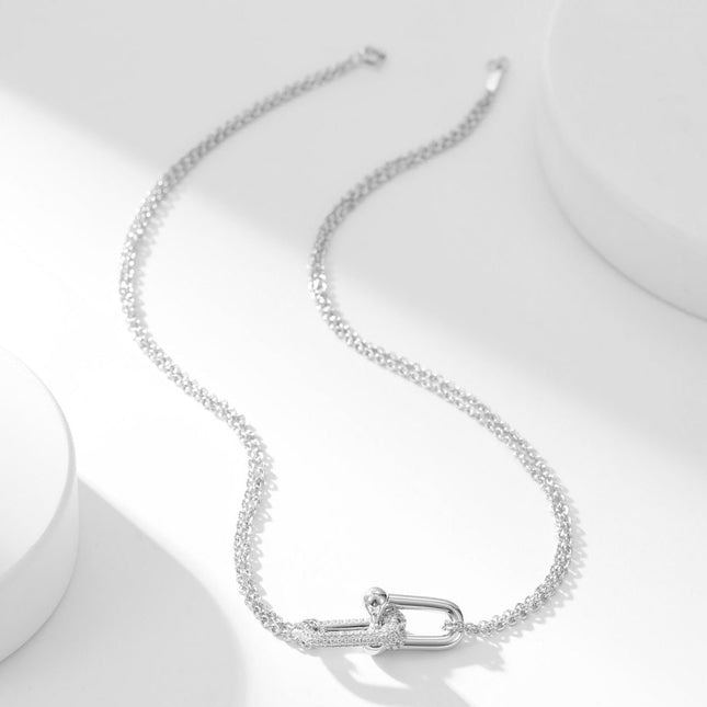 HARDWARE DIAMOND PEDANT DOUBLE CHAIN NECKLACE