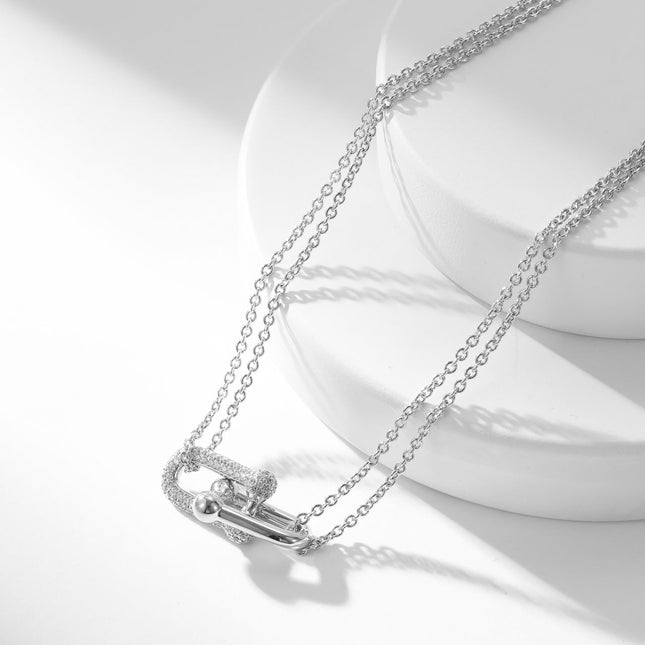 HARDWARE DIAMOND PEDANT DOUBLE CHAIN NECKLACE