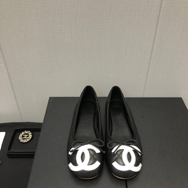 CAMBON BALLET FLAT BLACK WHITE LAMBSKIN