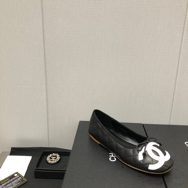 CAMBON BALLET FLAT BLACK WHITE LAMBSKIN