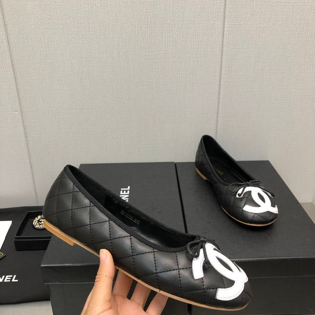 CAMBON BALLET FLAT BLACK WHITE LAMBSKIN