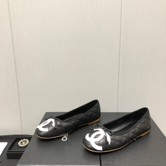 CAMBON BALLET FLAT BLACK WHITE LAMBSKIN