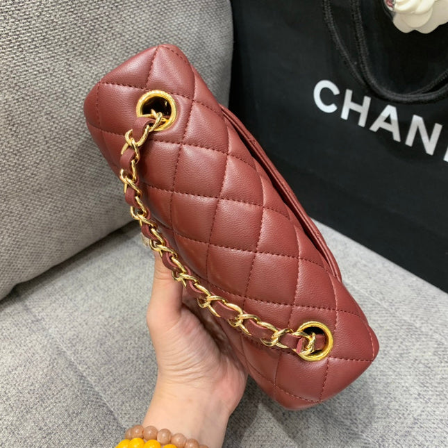 MINI RECTANGLE FLAP BAG 20CM BURGUNDY LAMBSKIN GOLD HARDWARE