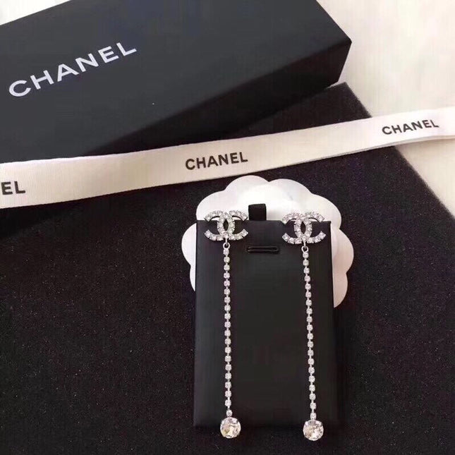 CHANEL 26S DOUBLE C LOGO PAVE CRYSTAL LONG DROP CHAIN EARRINGS IN SILVER METAL 633227