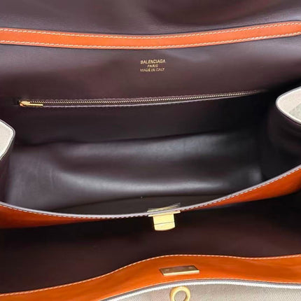 BALENCIAGA 26S TOP HANDLE BAG IN WHITE CANVAS & BROWN LEATHER
