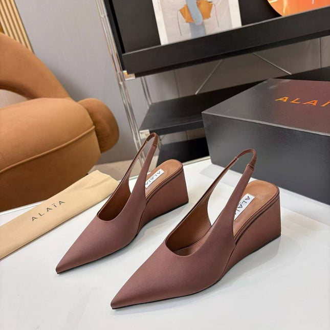 ALAIA CUBE SATIN SLINGBACK WEDGE PUMP IN A CHESTNUT BROWN SATIN