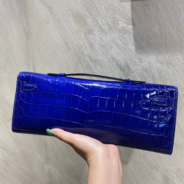 KELLY CUT 31 IN ADMIRAL BLUE SHINNY ALLIGATOR LEATHER WITH SILVER HARDWARE