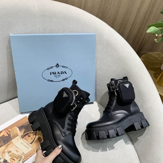 PRADA 26S HIGH TOP MONOLITH SHOES IN BLACK CALFSKIN AND FABRIC WITH POUCH