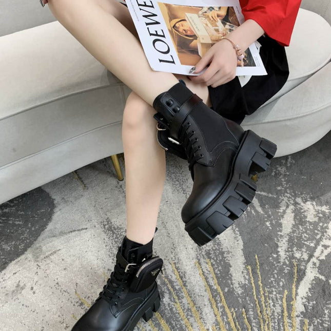 PRADA 26S HIGH TOP MONOLITH SHOES IN BLACK CALFSKIN AND FABRIC WITH POUCH