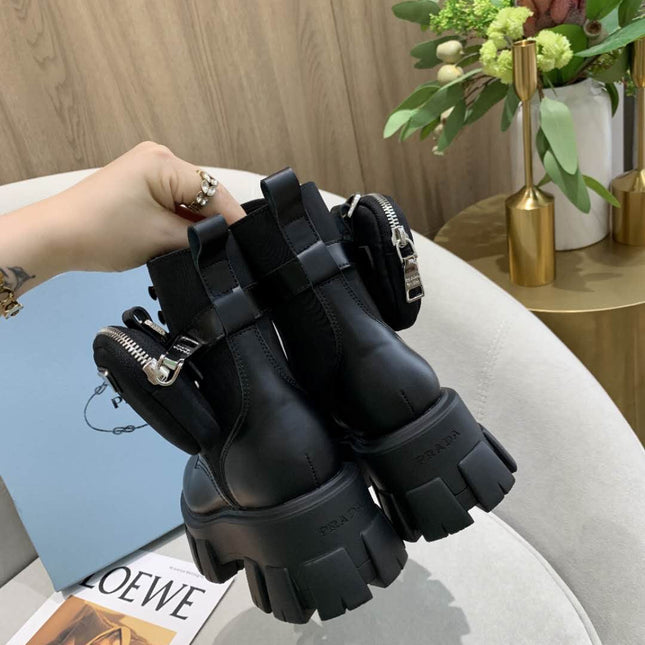 PRADA 26S HIGH TOP MONOLITH SHOES IN BLACK CALFSKIN AND FABRIC WITH POUCH
