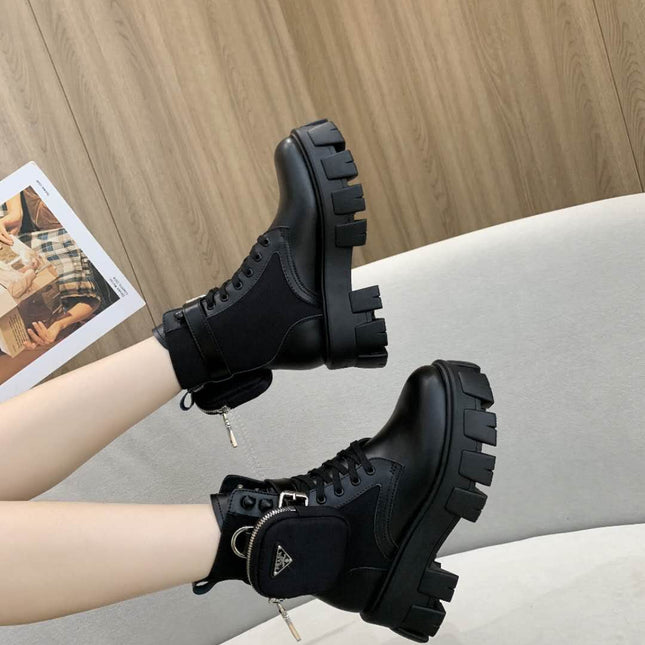 PRADA 26S HIGH TOP MONOLITH SHOES IN BLACK CALFSKIN AND FABRIC WITH POUCH