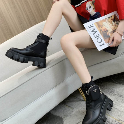 PRADA 26S HIGH TOP MONOLITH SHOES IN BLACK CALFSKIN AND FABRIC WITH POUCH