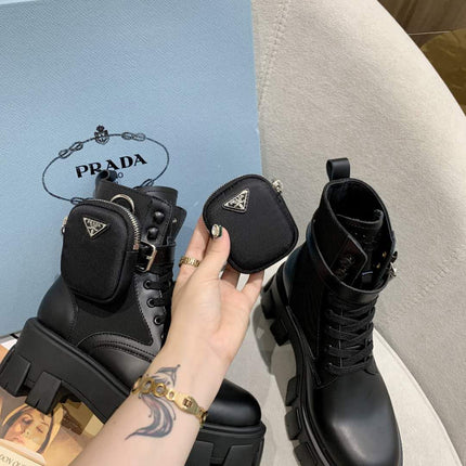 PRADA 26S HIGH TOP MONOLITH SHOES IN BLACK CALFSKIN AND FABRIC WITH POUCH
