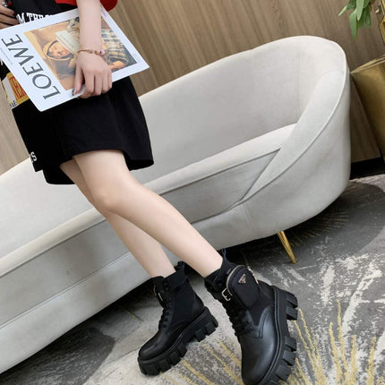 PRADA 26S HIGH TOP MONOLITH SHOES IN BLACK CALFSKIN AND FABRIC WITH POUCH
