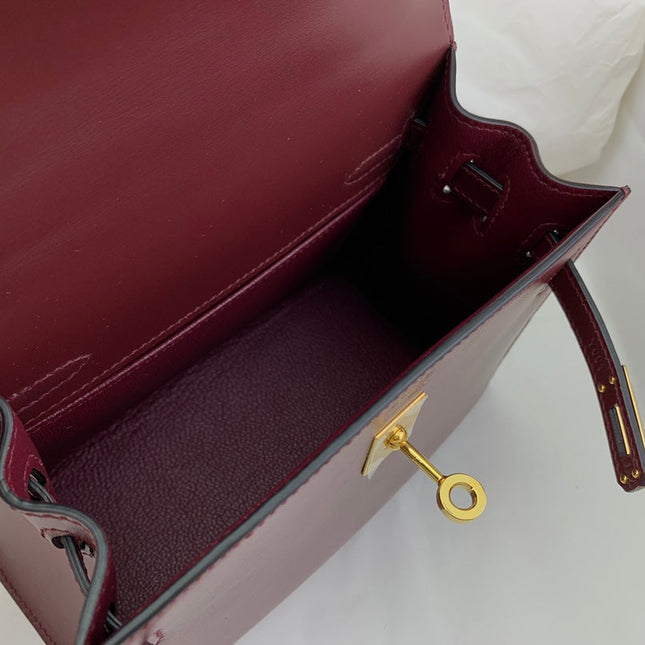 KELLY MINI 20 BAG IN WINE RED SMOOTH CALFSKIN WITH GOLD HARDWARE