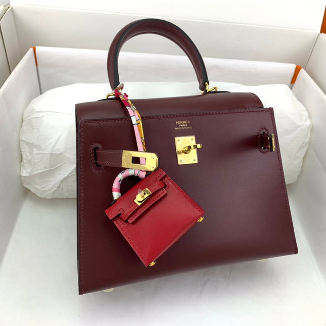 KELLY MINI 20 BAG IN WINE RED SMOOTH CALFSKIN WITH GOLD HARDWARE