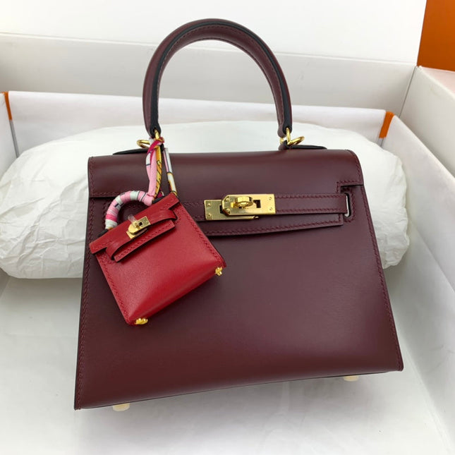KELLY MINI 20 BAG IN WINE RED SMOOTH CALFSKIN WITH GOLD HARDWARE
