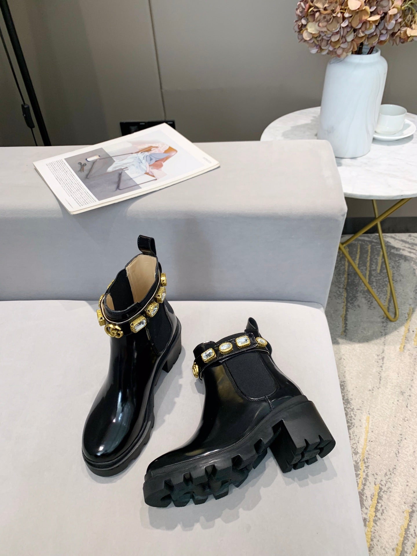 GG CRYSTAL ANKLE BOOTS IN BLACK CALFSKIN GHW