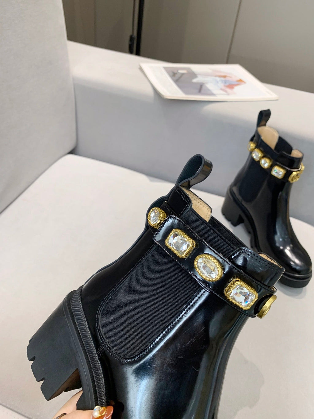 GG CRYSTAL ANKLE BOOTS IN BLACK CALFSKIN GHW