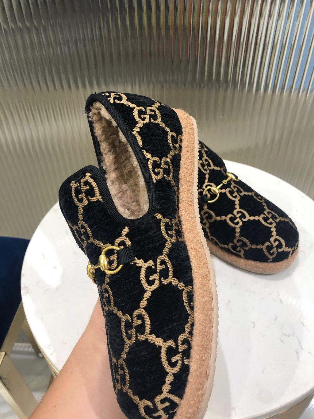 GG HORSEBIT LOAFER IN BLACK MIX YELLOW WOOL AND LAMB FUR LINING