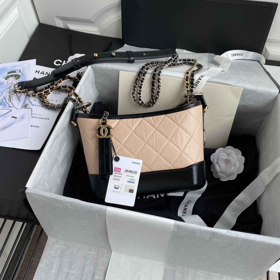 CC GABRIELLE MINI 20 HOBO BAG IN ALMOND BEIGE MIX BLACK CALFSKIN