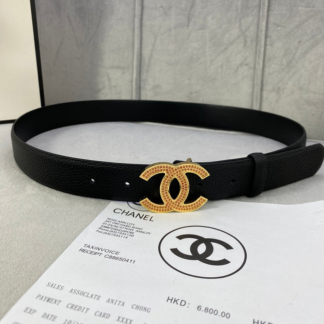 CC 26S BELT 30 MM IN BLACK CALFSKIN STONE EMBELLISHED GOLD TONE 661126