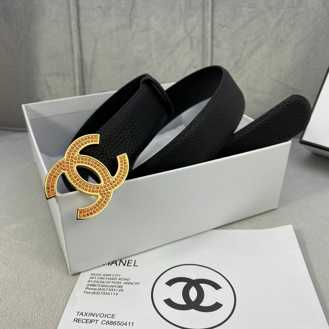 CC 26S BELT 30 MM IN BLACK CALFSKIN STONE EMBELLISHED GOLD TONE 661126