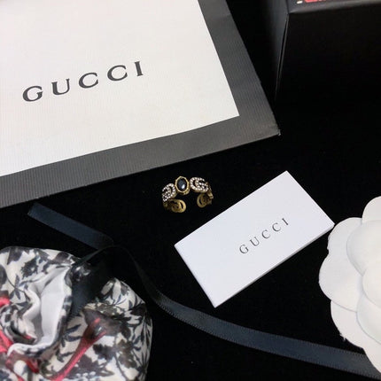 GUCCI 26S DOUBLE G LOGO BLACK CRYSTAL STUD EARRINGS IN ANTIQUE GOLD TONE METAL 627926