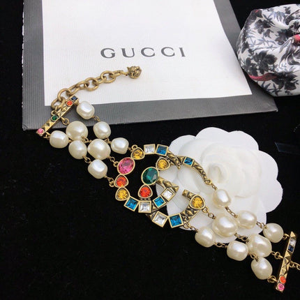 GUCCI 26S GG MULTICOLOR GEM PEARL CHAIN BRACELET IN GOLD TONE METAL 624209