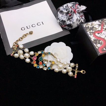 GUCCI 26S GG MULTICOLOR GEM PEARL CHAIN BRACELET IN GOLD TONE METAL 624209