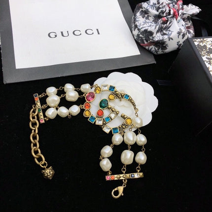 GUCCI 26S GG MULTICOLOR GEM PEARL CHAIN BRACELET IN GOLD TONE METAL 624209