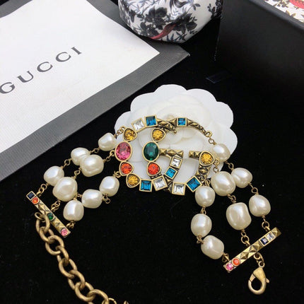 GUCCI 26S GG MULTICOLOR GEM PEARL CHAIN BRACELET IN GOLD TONE METAL 624209
