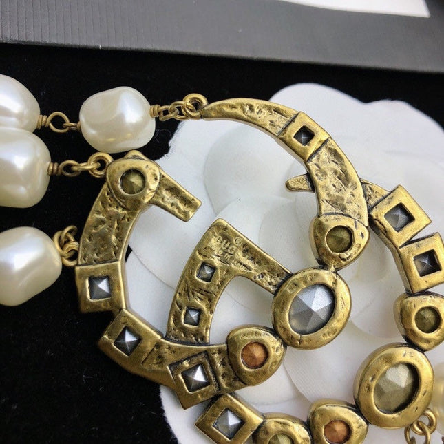 GUCCI 26S GG MULTICOLOR GEM PEARL CHAIN BRACELET IN GOLD TONE METAL 624209