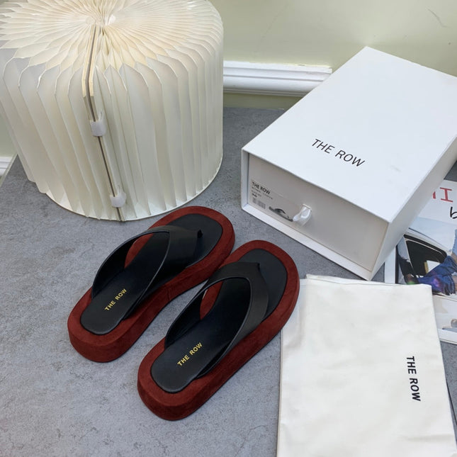 THE ROW 26S GINZA THONG SANDALS IN BLACK CALFSKIN AND BURGUNDY RED SUEDE
