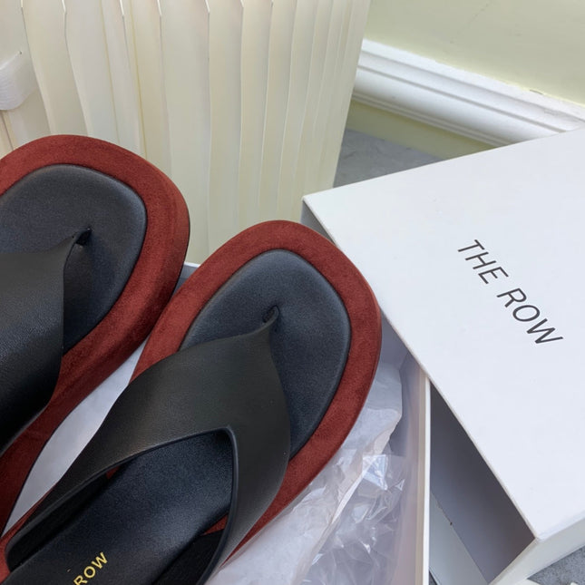 THE ROW 26S GINZA THONG SANDALS IN BLACK CALFSKIN AND BURGUNDY RED SUEDE
