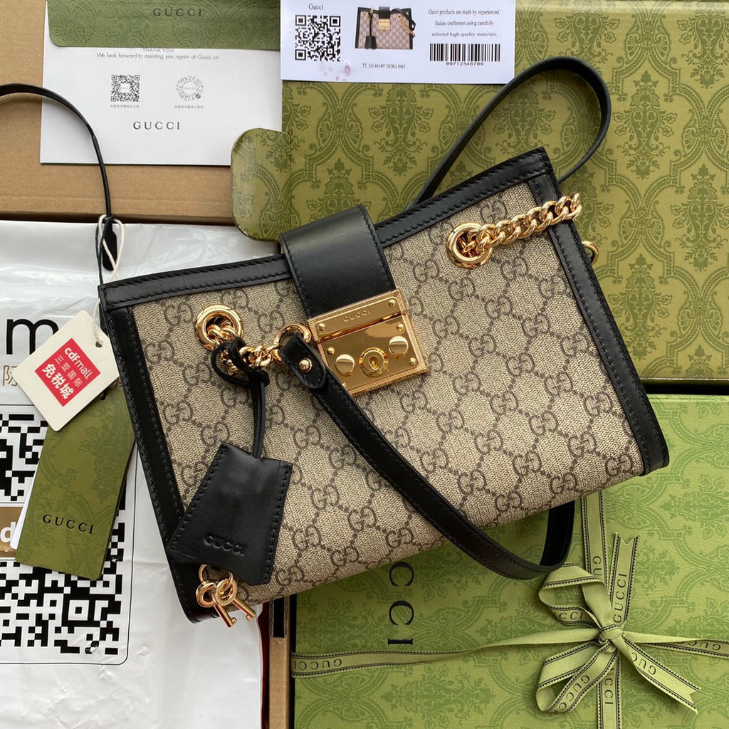 GG PADLOCK MEDIUM 26 SHOULDER BAG BEIGE CANVAS AND BLACK CALFSKIN