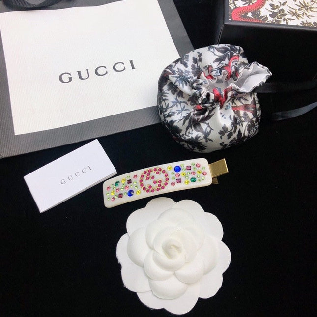 GUCCI 26S DOUBLE G LOGO MULTICOLOR CRYSTAL EMBELLISHED HAIR CLIP IN IVORY RESIN 629879