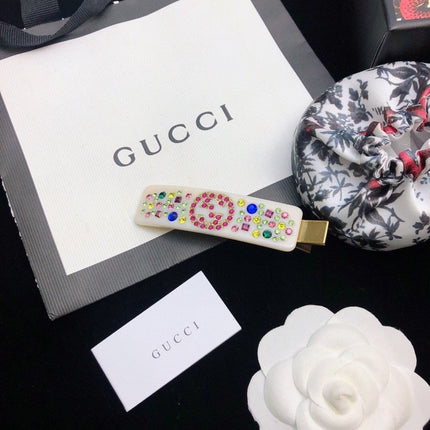 GUCCI 26S DOUBLE G LOGO MULTICOLOR CRYSTAL EMBELLISHED HAIR CLIP IN IVORY RESIN 629879