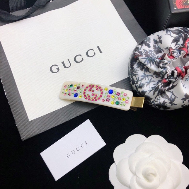 GUCCI 26S DOUBLE G LOGO MULTICOLOR CRYSTAL EMBELLISHED HAIR CLIP IN IVORY RESIN 629879