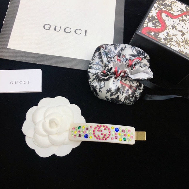 GUCCI 26S DOUBLE G LOGO MULTICOLOR CRYSTAL EMBELLISHED HAIR CLIP IN IVORY RESIN 629879