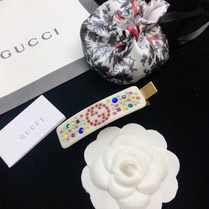 GUCCI 26S DOUBLE G LOGO MULTICOLOR CRYSTAL EMBELLISHED HAIR CLIP IN IVORY RESIN 629879