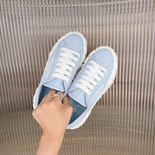 PRADA 26S WEDGE SNEAKERS 50MM IN LIGHT BLUE NYLON FABRIC