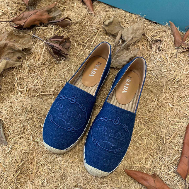PRADA 26S ESPADRILLE FLATS IN BLUE DENIM EMBROIDERED LOGO