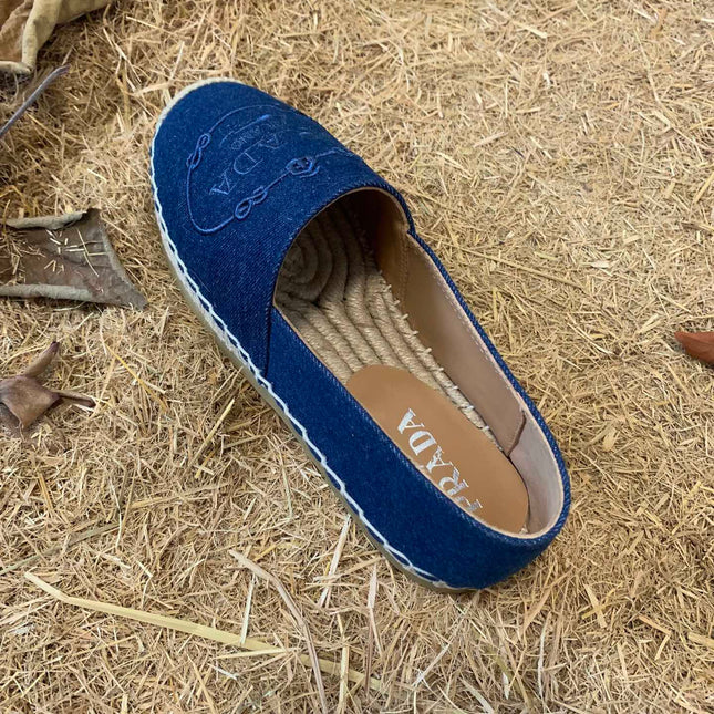 PRADA 26S ESPADRILLE FLATS IN BLUE DENIM EMBROIDERED LOGO