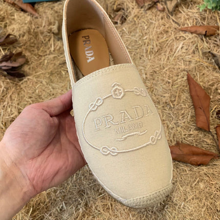 PRADA 26S ESPADRILLE FLATS IN LIGHT BEIGE CANVAS EMBROIDERED LOGO