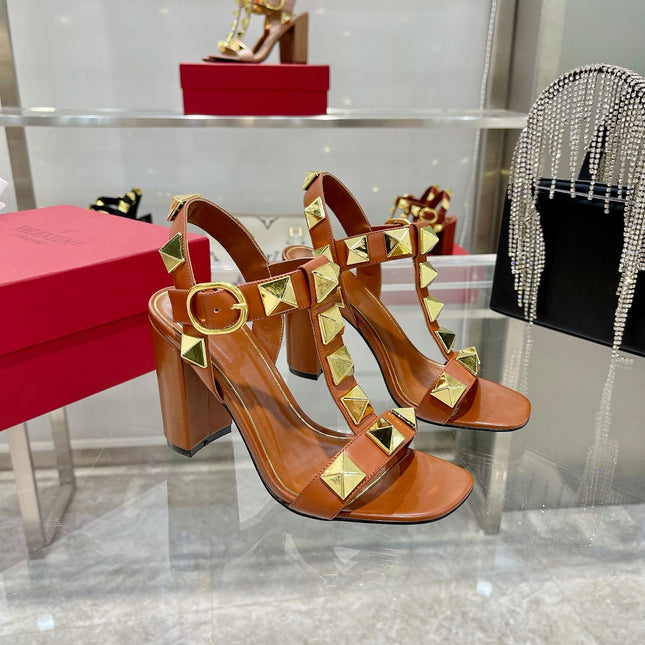 VALENTINO GARAVANI ROCKSTUD 95MM SANDALS IN BROWN CALFSKIN
