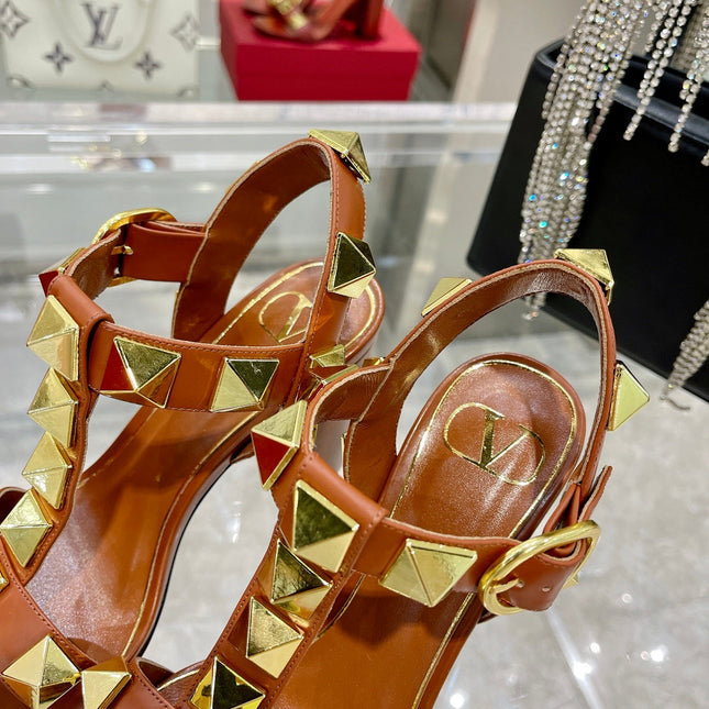 VALENTINO GARAVANI ROCKSTUD 95MM SANDALS IN BROWN CALFSKIN