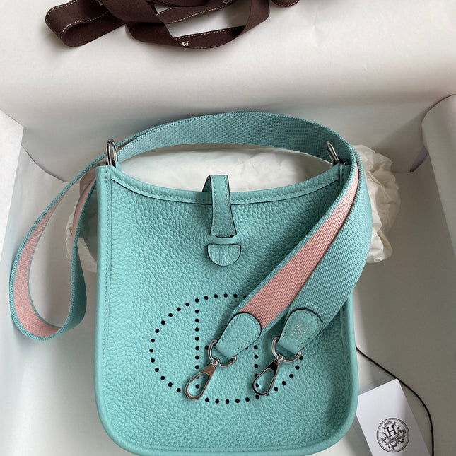 HM 25S EVELYNE 17 CM IN PASTEL BLUE COWHIDE AND CANVAS WITH SILVER HARDWARE